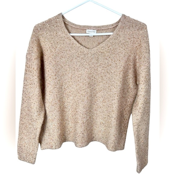 Garnet Hill vneck cropped sweater, M, brown & Gold Sequins wool Winter Party Fun - Picture 1 of 7